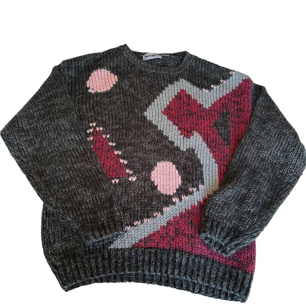 Womens Sweater Size Medium Geometric Knit Loose Grandma Core Fall Winter Cozy